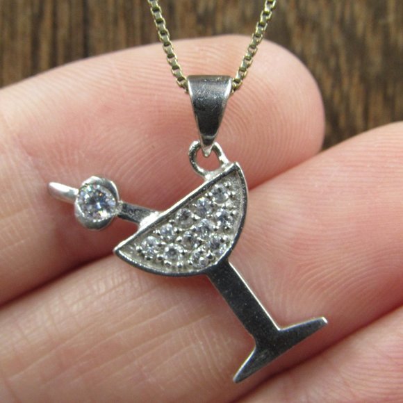 Jewelry - 18" Sterling Rustic CZ Cocktail Glass Neckace